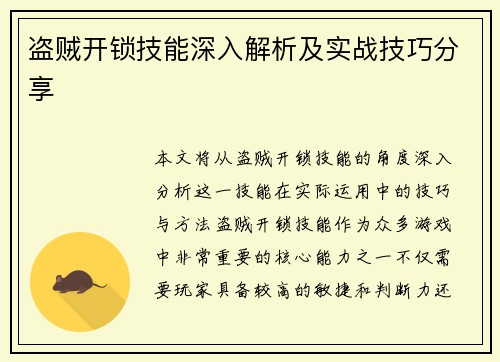 盗贼开锁技能深入解析及实战技巧分享