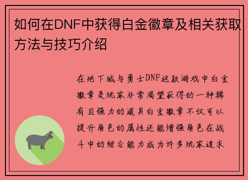 如何在DNF中获得白金徽章及相关获取方法与技巧介绍